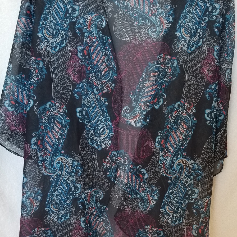 Sheer Paisley Open-Front Cape - Blue & Burgundy - Picture 4 of 4